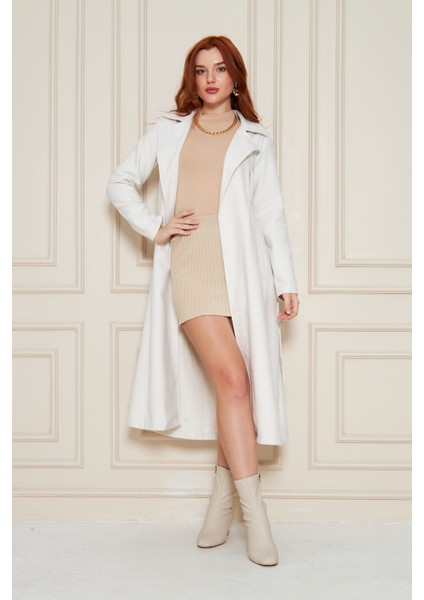 Kadın Astarsız Kuşak Basic Bol Beyaz Uzun Kaşe Kaban