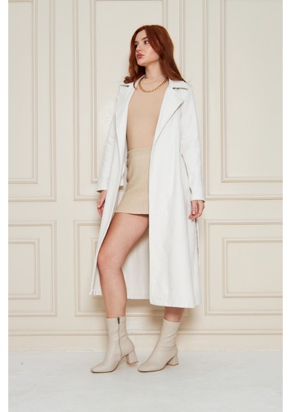 Kadın Astarsız Kuşak Basic Bol Beyaz Uzun Kaşe Kaban