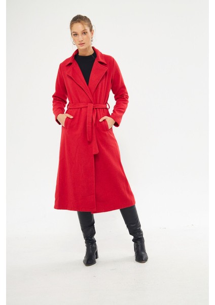 Kadın Astarsız Kuşak Basic Bol Kırmızı Uzun Kaşe Kaban