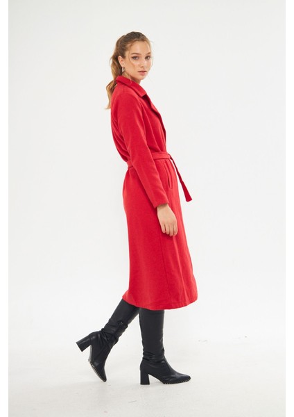 Kadın Astarsız Kuşak Basic Bol Kırmızı Uzun Kaşe Kaban fiyatları