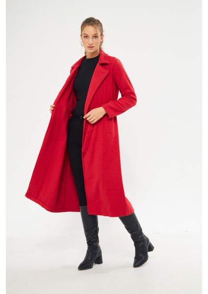 Kadın Astarsız Kuşak Basic Bol Kırmızı Uzun Kaşe Kaban modelleri