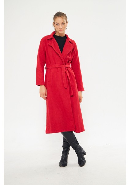 Kadın Astarsız Kuşak Basic Bol Kırmızı Uzun Kaşe Kaban fırsatları