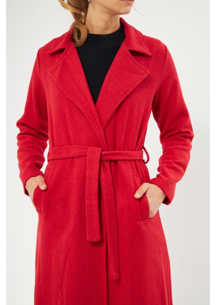 Kadın Astarsız Kuşak Basic Bol Kırmızı Uzun Kaşe Kaban indirimleri