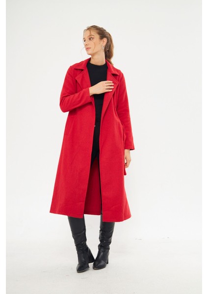 Kadın Astarsız Kuşak Basic Bol Kırmızı Uzun Kaşe Kaban