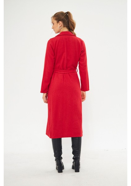 Kadın Astarsız Kuşak Basic Bol Kırmızı Uzun Kaşe Kaban