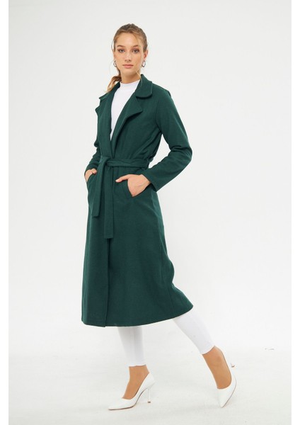 Kadın Astarsız Kuşak Basic Bol Zümrüt Uzun Kaşe Kaban fiyatları