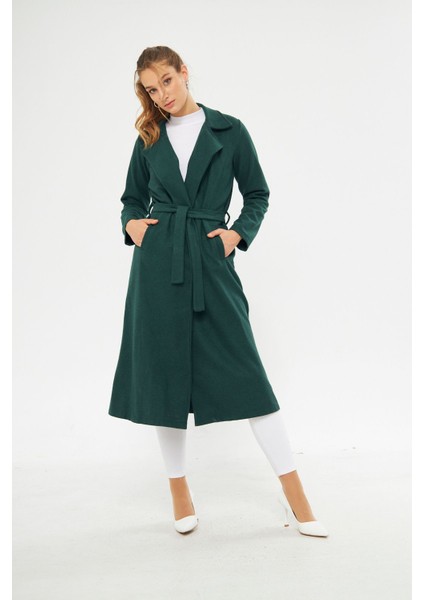 Kadın Astarsız Kuşak Basic Bol Zümrüt Uzun Kaşe Kaban modelleri