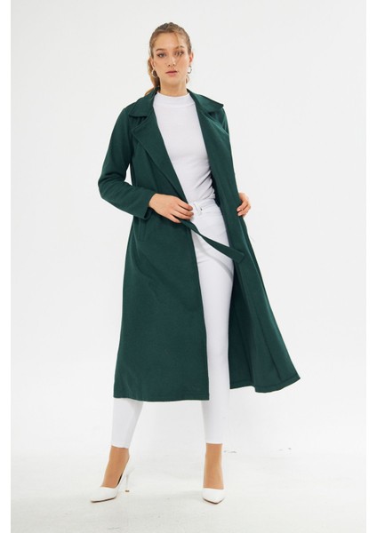 Kadın Astarsız Kuşak Basic Bol Zümrüt Uzun Kaşe Kaban fırsatları