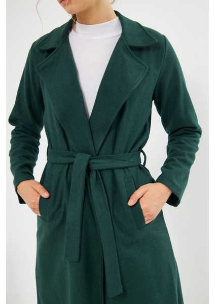 Kadın Astarsız Kuşak Basic Bol Zümrüt Uzun Kaşe Kaban indirimleri