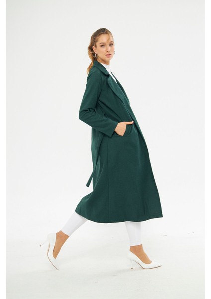 Kadın Astarsız Kuşak Basic Bol Zümrüt Uzun Kaşe Kaban