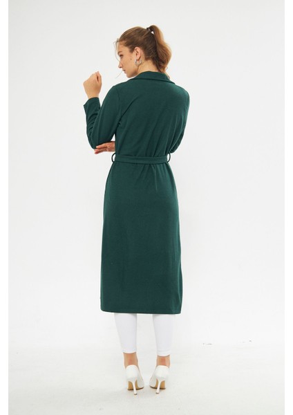 Kadın Astarsız Kuşak Basic Bol Zümrüt Uzun Kaşe Kaban