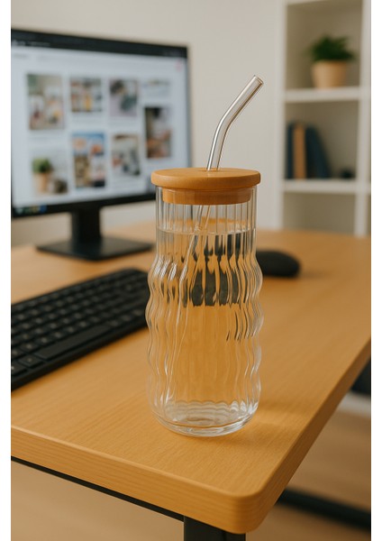 Bambu Kapaklı Motivasyon Cam Bardak / Suluk, 900 Ml, Pipet Hediyeli