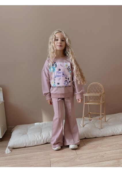 Kız Çocuk Pembe Floral Baskılı Sweatshirt ve Ispanyol Paça Eşofman Takımı – Rahat ve Şık 2’li Set fiyatları