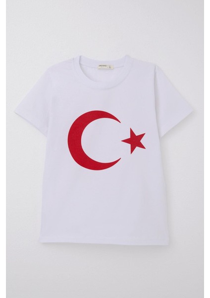Erkek Çocuk Tişört Türk Bayraklı 4-14 Yaş, Beyaz