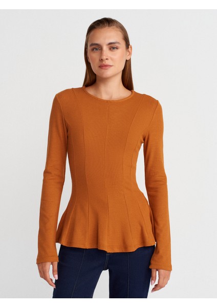 32090 Uzun Kollu Peplum Top-A.kiremit