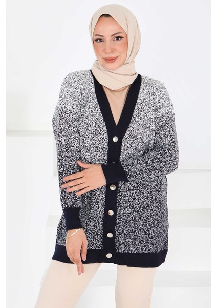 Düğmeli Kırçıllı Triko Hırka Lacivert - 27708