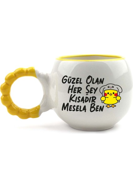 Güzel Olan Her Şey Kısadır, Mesela Ben! El Yapımı Krem Parlak Puf Kupa - El Işçiliği Hediyelik Kupa Bardak Mug