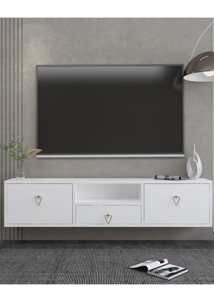 1303DROPDD-1 Duvara Montaj Tv Sehpası Beyaz-Altın Kulp
