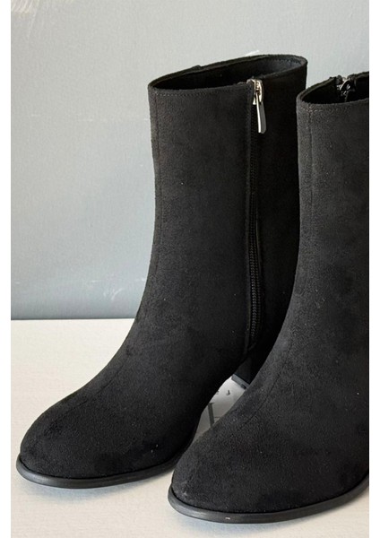 Kadın Marta Siyah Süet 6 cm Kalın Topuklu Yumurta Burun Fermuarlı Bot