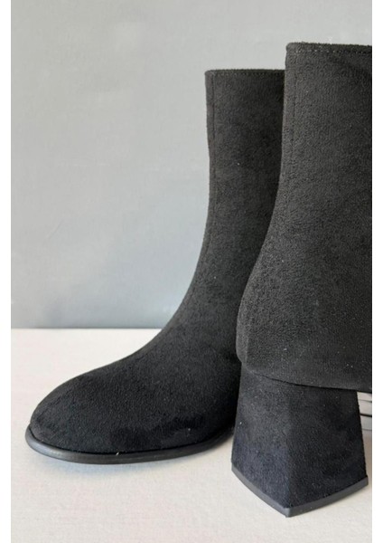 Kadın Marta Siyah Süet 6 cm Kalın Topuklu Yumurta Burun Fermuarlı Bot modelleri