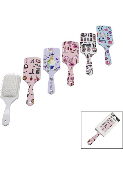 Saç Fırçası - Tarak Plastik Renkli Desenli Sap - Beyaz Fırça Kılları