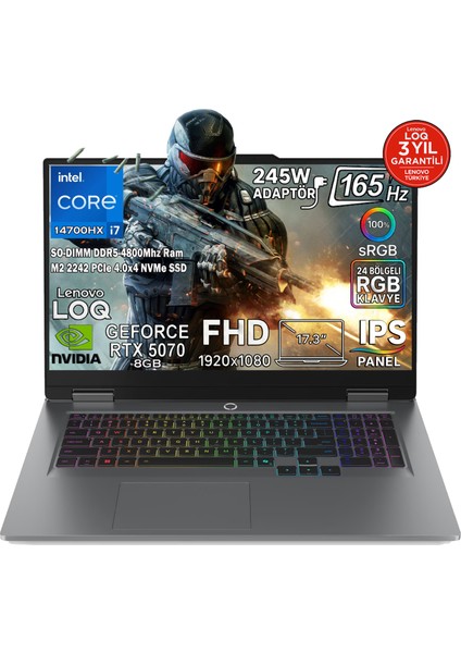 LOQ 17IRX10 Intel Core i7 14700HX 32GB 2TB SSD RTX 5070 8GB (115W) 17,3" FHD 165Hz IPS Panel Freedos Taşınabilir Bilgisayar 83JH006HTRN2