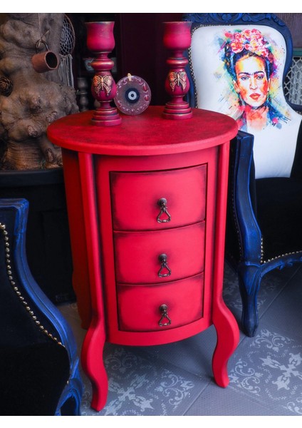 3 Çekmece Kırmızı Eskitme Vintage Komodin Yan Sehpa