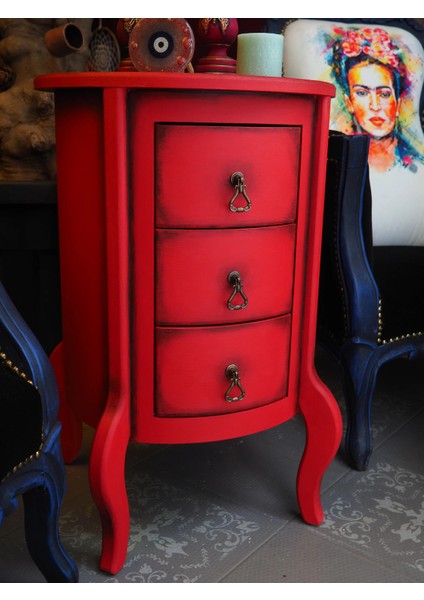 3 Çekmece Kırmızı Eskitme Vintage Komodin Yan Sehpa modelleri
