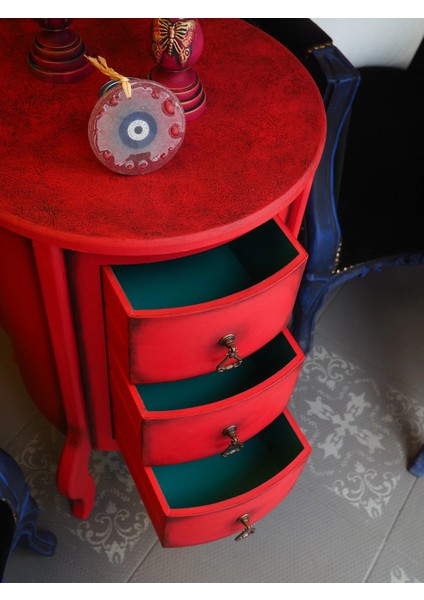 3 Çekmece Kırmızı Eskitme Vintage Komodin Yan Sehpa fırsatları
