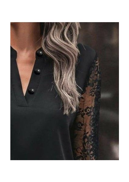 Kadın Uzun Kollu Yaka Düğme Detay Güpürlü Kol Krep Bluz modelleri