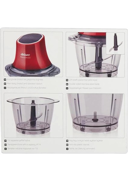 Çok Renkli 600 W Doğrayıcı, 1 L Hazne, Pratik Kullanım