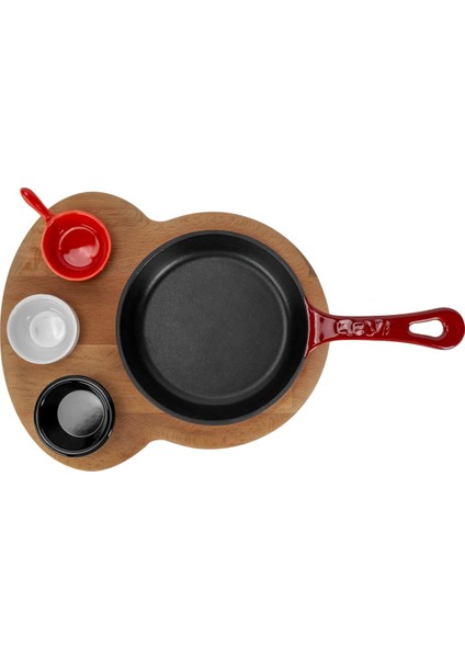 Döküm Yuvarlak Kızartma Tavası Yekpare Saplı Kayın Ahşap Altlık. ÇAP(Ø)16CM. (Bu Ürüne Sos Kapları Dahil Değildir)-Bordo modelleri
