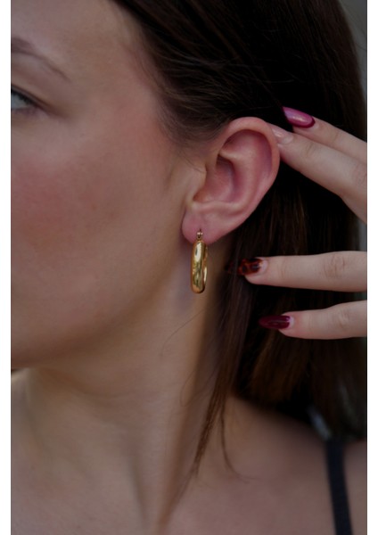 Oturtmalı Oval Halka Model Çiftli Kadın Çelik Küpe