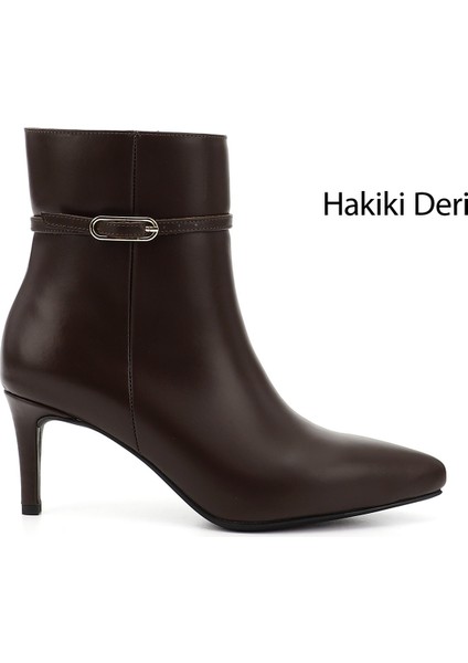 Kadın Kahverengi Fermuarlı Ince Topuklu Hakiki Deri Bot