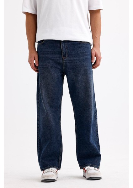 Erkek Mavi Baggy Bol Kot Pantolon Bol Paça