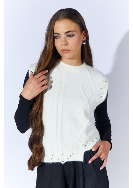 Kadın Ekru Bisiklet Yaka Desenli Triko Süveter
