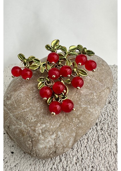 Altın Rengi Yaprak Detay Kırmızı Üzüm Salkımı Broş (4cm) modelleri