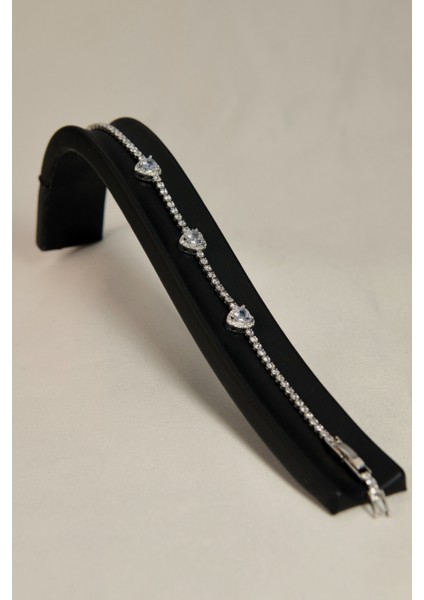 3 Zirkon Kalp Model Kadın Çelik Görünümlü Xp Zincir Bileklik