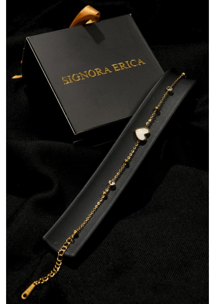 Zirkon Taşlı Dorikalı Toplu Kalpli Kadın Çelik Bileklik