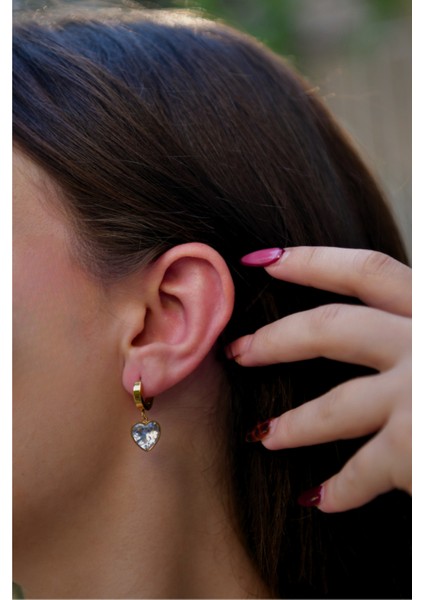 Zirkon Taşlı Kalp Model Sallantılı Çiftli Kadın Çelik Halka Küpe