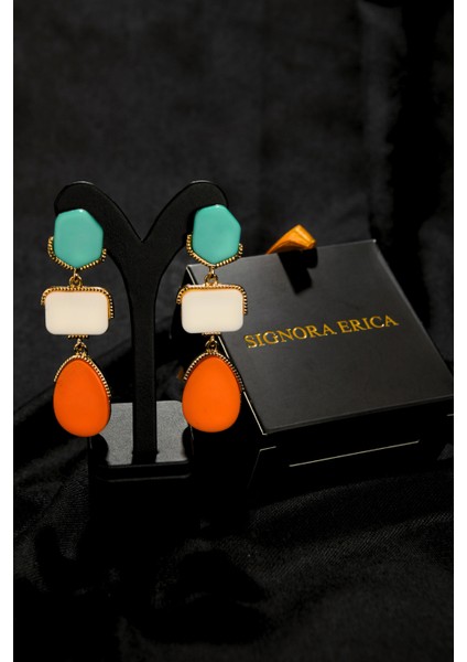 Turkuaz, Beyaz ve Turuncu Taşlı Özel Kesim Sallantılı Iğneli Kadın Çelik Görünümlü Xp Küpe