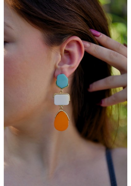 Turkuaz, Beyaz ve Turuncu Taşlı Özel Kesim Sallantılı Iğneli Kadın Çelik Görünümlü Xp Küpe fiyatları