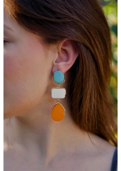 Turkuaz, Beyaz ve Turuncu Taşlı Özel Kesim Sallantılı Iğneli Kadın Çelik Görünümlü Xp Küpe modelleri