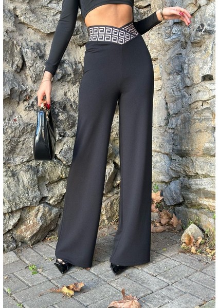 Kadın Belde Kruvaze ve Ribana Detay Ispanyol Paça Ithal Krep Pantolon