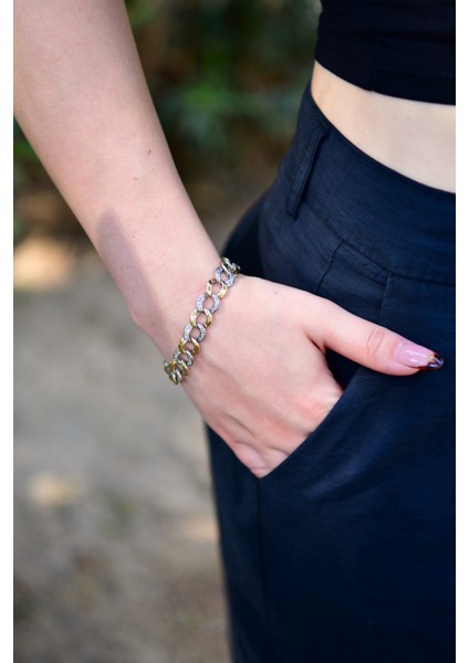 Çift Renkli Zirkon Taşlı Halka Model Kadın Çelik Görünümlü Xp Zincir Bileklik modelleri