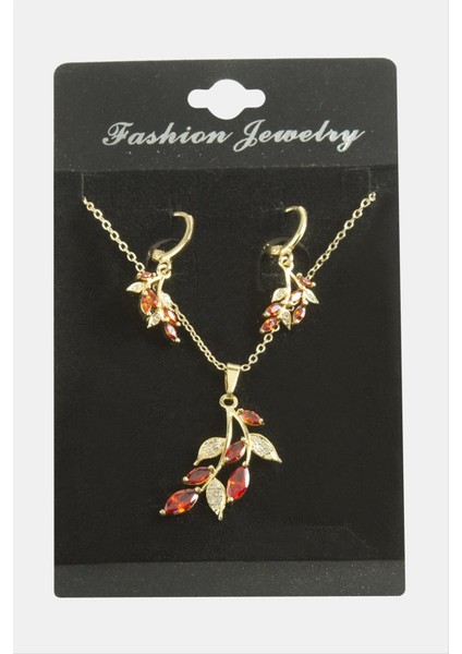 Allzey Yaprak Zirkon Taşlı Set Kolye-Kırmızı fiyatları