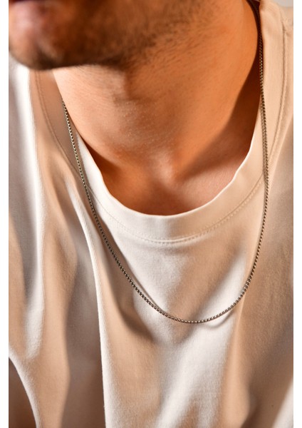 Iç Içe Geçmiş Ince Dikdörtgen Baklalı Erkek Çelik Kolye 1mm