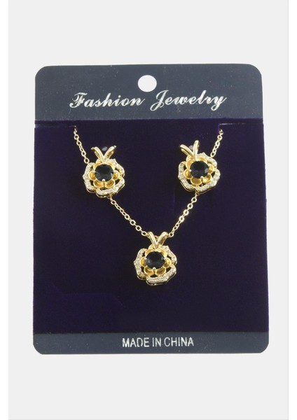 Allzey Gül Zirkon Taşlı Set Kolye-Siyah fiyatları