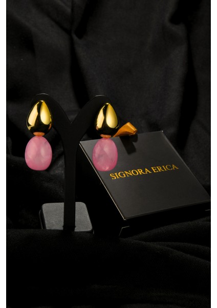 Pembe Mermer Taşlı Damla Model Şişme Kadın Çelik Görünümlü Xp Küpe