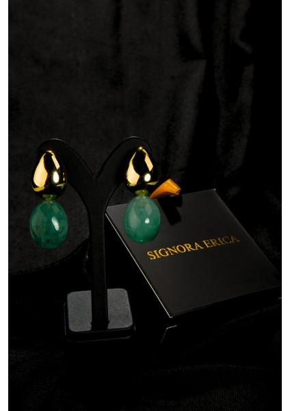 Yeşil Mermer Taşlı Damla Model Şişme Kadın Çelik Görünümlü Xp Küpe